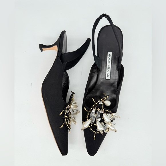 Manolo Blahnik Shoes - Manolo Blahnik Black Crepe Orientalia 50mm pearl embellished Slingback pump EU41